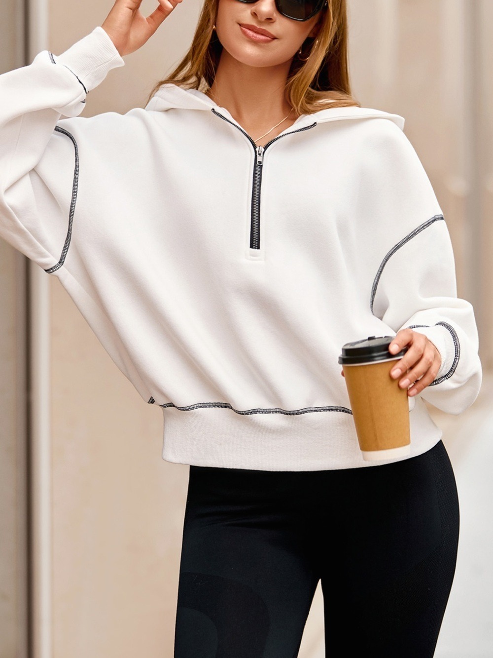 PRETTYGARDEN White Quarter Zip Hoodie Exposed Seam Sweatshirt Medium